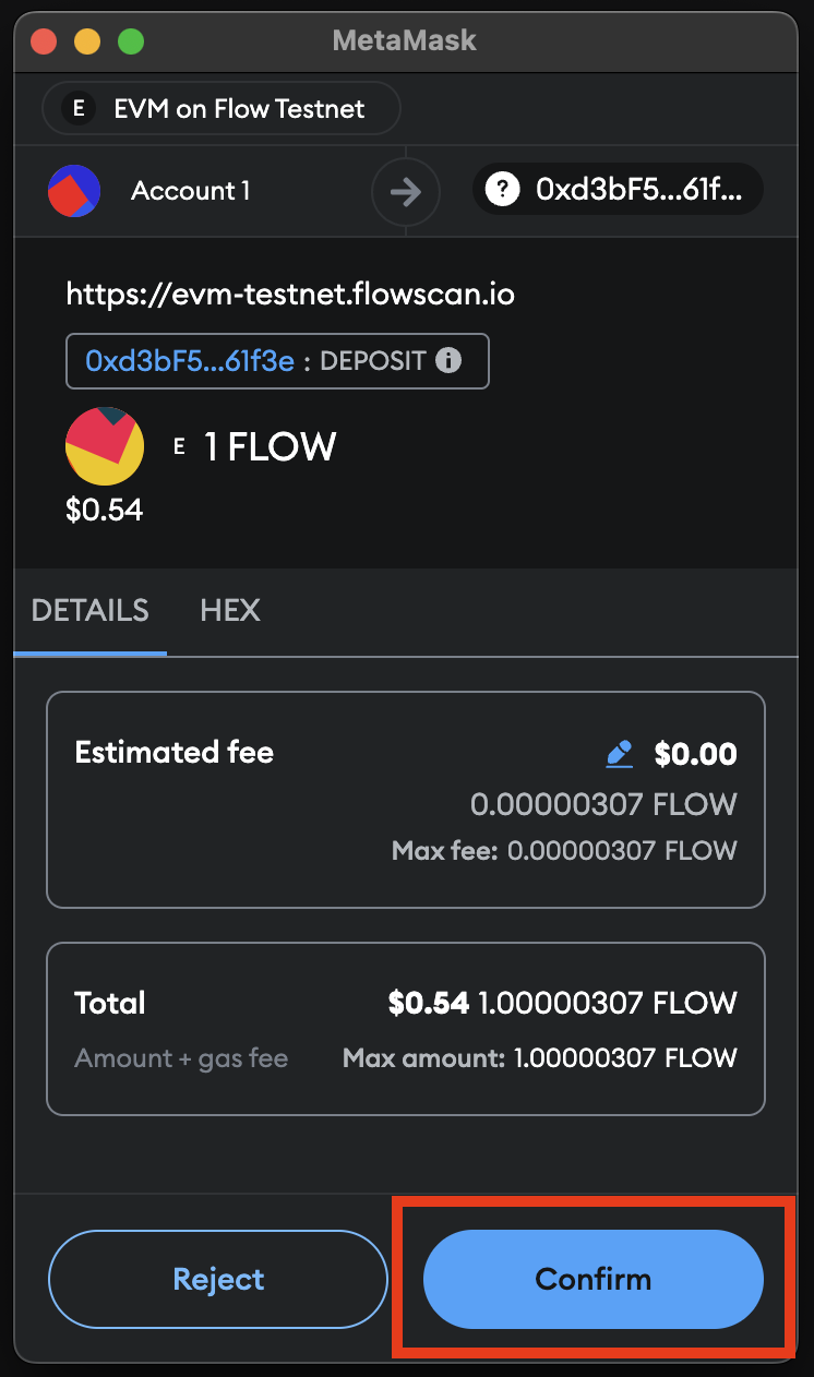 Confirm WFLOW deposit in MetaMask